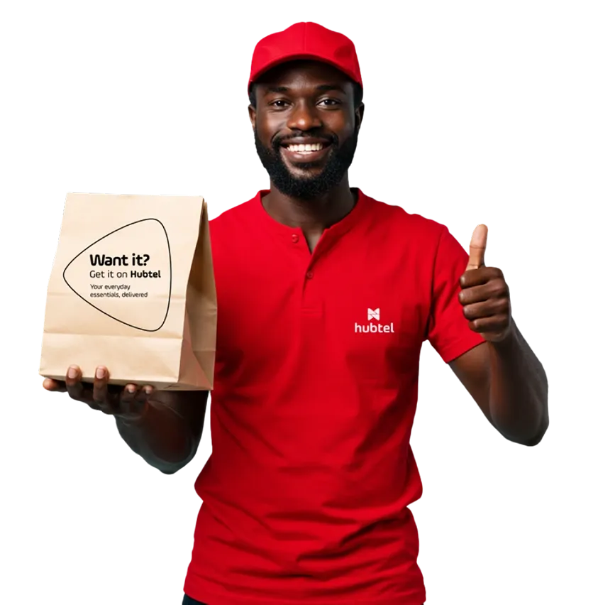 Hubtel delivery rider holding a paper bag